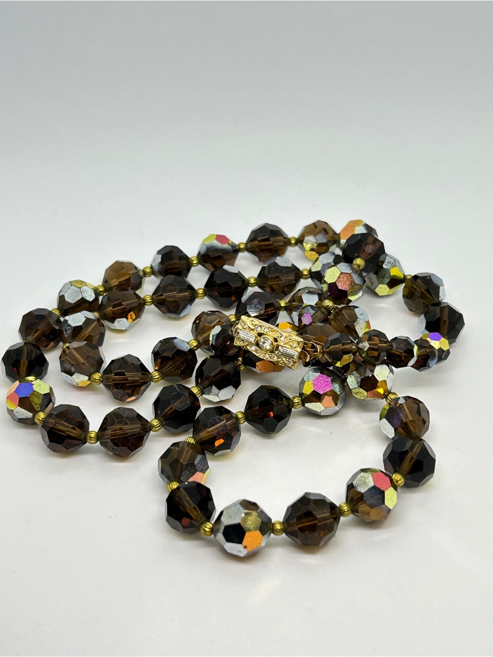 Topaz Colored Aurora Borealis Faceted Glass Bead Necklace 30”